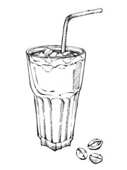 Illustration Iced coffee with coffee beans hand drawn sketch vector eps10.