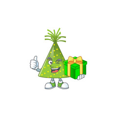 Sticker - Happy smiley green party hat cartoon mascot design with a gift box