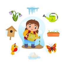 Vector Set Signs Of Spring. Collection Seasons. Illustration Of Cute Girl With A Watering Can..