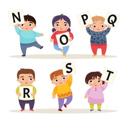 Vector set alphabet. Cartoon children are holding signboards. N-T.
