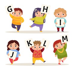 Wall Mural - Vector cute kids animal alphabet. Cartoon children are holding signboards. G-M.
