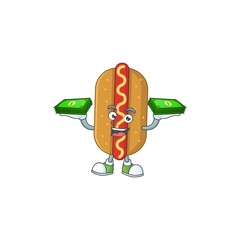 Sticker - A cheerful hotdog cartoon mascot design having some money on hands