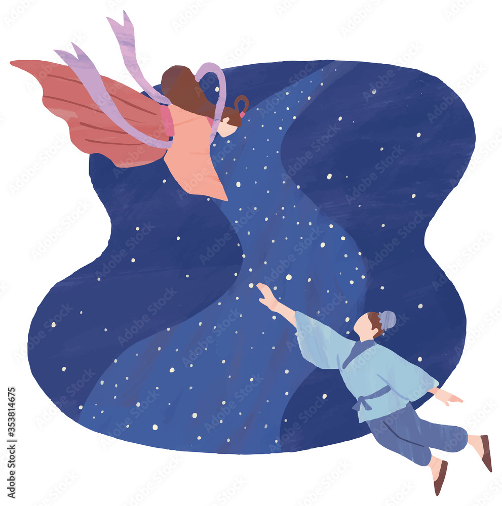 織姫 彦星 天の川 再会 七夕 イラスト 水彩 の Stock ベクター | Adobe