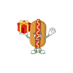 Poster - Hotdog cartoon mascot concept design with a red box of gift