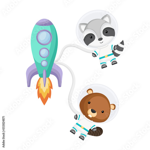 Fotografía Cute little raccoon and beaver astronauts flying in open space