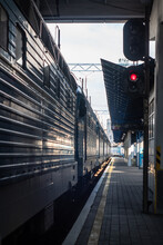 Kyiv, Ukraine - May 27, 2020: Old blue electric AC locomotives stand of company Skoda on closed Kyiv central railway station.