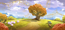 Original Digital Cartoon Illustration With Huge Tree In Autumn Season And Horizontal Landscape With Blue Cloudy Sky On The Background