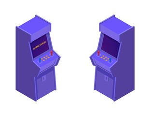 Wall Mural - Isometric arcade game machines. Retro purple consoles with two joysticks and control buttons, with inscription game over, off old vector classic of gaming isometric industry.