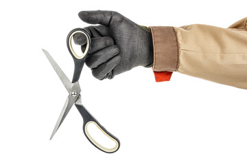 Wall Mural - Worker hand in black protective glove and brown uniform holding open scissors on finger isolated on white background