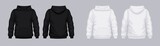 Fototapeta  - White black hoodie front back mockup. Fashionable template sweatshirt casual clothes with hood cotton vector textile unisex set for sports walking.