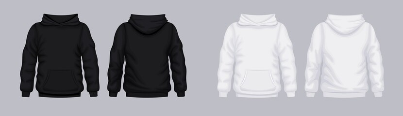 white black hoodie front back mockup. fashionable template sweatshirt casual clothes with hood cotto