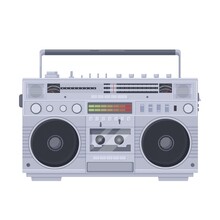 Retro Boombox Cassette. Old Portable Single Cassette Recorder Sharpe With Color Vector Equalizer Built Radio Two Speakers Knob Tuning Bass Sound Recording Playing Music Symbol Of Old School 80s.