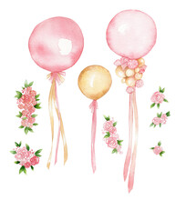 Watercolor Illustration Pink Gold Balloons And Flowers. For Printing Cards, Invitations, For A Holiday, Baby Shower