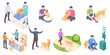© Sensvector - Pet dog care, daily owner life, vector isolated isometric icons. Dog pet and owner daily activity, veterinarian checkup, walking in park and picking pet poop, training with toy ball and grooming