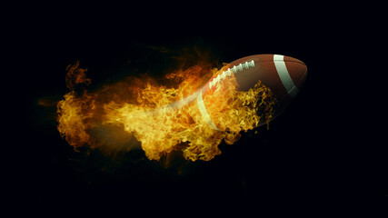 Wall Mural - american football ball in fire, isolated dark background. 3d render. 