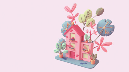 Wall Mural - Cute pink cozy Eco House with yellow windows, red door stands on green lawn with colorful leaves. Sweet home with cat on the balcony, bird on roof, potted plants on terrace. 3d render in pastel colors