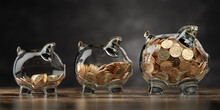 Glass Piggy Bank Of Different Size With Golden Coins. Fiinancial Growth, Deposit, Investment And Savings Concept Background.