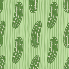 Wall Mural - Green cucumber seamless pattern on stripes background. Cucumbers vegetable endless wallpaper.