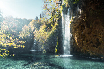 Canvas Print - waterfall in forest, plitvice lakes, croatia