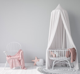 Interior mock up wall in newborn bedroom, empty gray background with rattan crib and chair, pink plaid and stuffed toys. Scandinavian baby room design