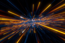 Speed Of Light In Space On Dark Background. Abstract Background In Blue, Yellow And Orange Neon Colors. 3D Rendering.