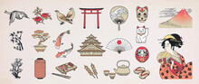 Japanese Doodle Set. Japanese Traditional Design Elements. Hand Drawn Vactor Illustration.