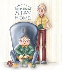 Stay at home, be safe - a warning poster to protect older people, old parents, grandparents from coronavirus. Grandparents spend leisure time together. Grandma Knits