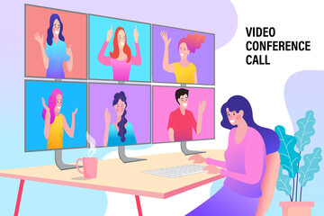 Canvas Print - female employee talk on video call with multiracial coworkers engaged in online briefing from home. businesswoman speak using Webcam conference on laptop with diverse colleagues.