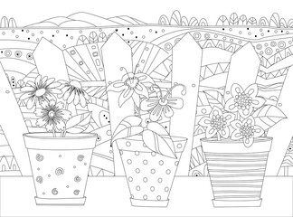 Wall Mural - cute flowers in flowerpots against rural landscape with fence. g