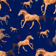Seamless pattern photo red horse with hearts on blue background creative illustration.