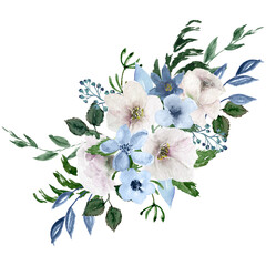 Watercolor handdrawn isolated white and blue roses and green branches bouquet. Herbal greenery composition. For design logo, textile, Save the date, bridal invitation, postcard, greetings, Wedding