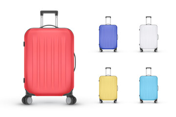 Set of realistic plastic suitcases. Travel bag isolated on white background. Vector Illustration