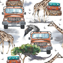 Hand Drawn Illustration. Watercolor Seamless Pattern. Cute Cartoon. Giraffe, Jeep And Eagle. Pastel Color. White Background. For Baby Textile Or Other Texture.
