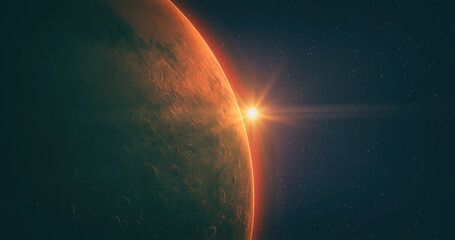 Wall Mural - View of the planet Mars from space during a sunrise. 3d illustration
