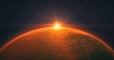 Wall Mural - View of the planet Mars from space during a sunrise. 3d illustration
