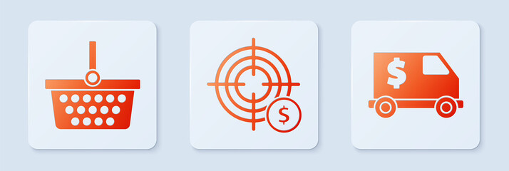 Sticker - Set Target with dollar symbol, Shopping basket and Armored truck. White square button. Vector.