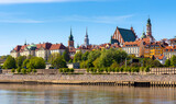Fototapeta Miasto - Panoramic view of Warsaw, Poland, city center and Old Town quarter with Wybrzerze Gdanskie embankment at Vistula river