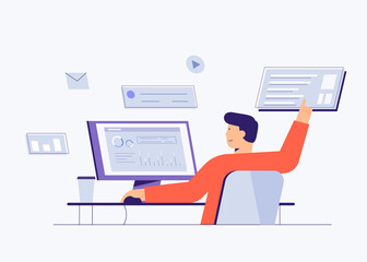Programmers concept with flat design. Concept with programmer or coder sitting at desk and working on computer. Designer developing design and programming of program or application flat style concept.