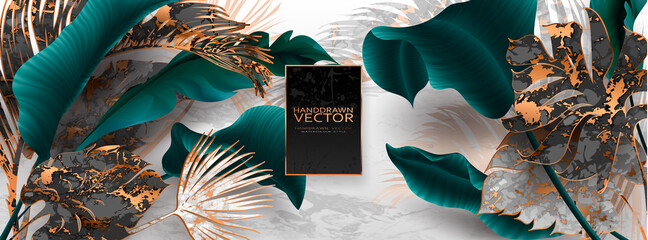Wall Mural - Palm leaves, gold, marble template, artistic covers design, colorful texture, modern backgrounds.Trendy pattern, graphic brochure. Luxury Vector illustration