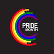 Abstract circle colored in rainbow color and text pride month inside in circle isolated on black background. Pride and LGBT concept. Copy space for design or text. Flat vector illustration