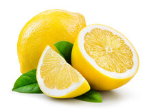 Lemon Fruit With Leaf Isolate. Lemon Whole, Half, Slice, Leaves On White. Lemon Slices With Zest Isolated. With Clipping Path. Full Depth Of Field.