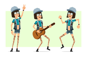 Wall Mural - Cartoon flat funny hipster girl character in trucker cap, glasses and jeans shorts. Ready for animation. Girl dancing, playing guitar and showing peace sign. Isolated on olive background. Vector set.