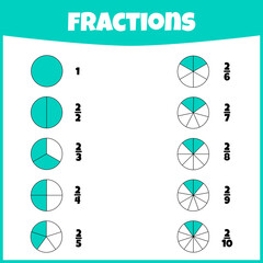 Fractions. Fraction mathematics. Circle segments set. Learning mathematics. Tasks for addition for preschool children.