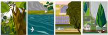 Set Of Landscapes. Vector Illustrations In The Style Of Minimalism, With Different Views, With A Lake, Forest, Fields, Trees, Sea, Mountains For Cover, Book, Design, Decoration, Poster, Postcard.