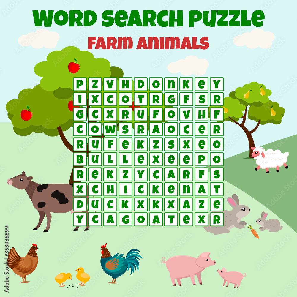 Word search puzzle. Crossword with farm animals. Vector education game ...