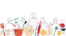 Vector Background With Hand Drawn One Line Silhouettes Of People Cooking And Utensils. Seamless Patten. 