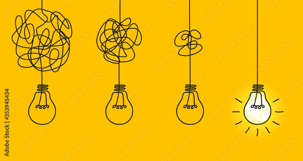 Idea concept, creative of simplifying complex process lightbulb, bulb sign, innovations, untangled of problem. Keep it simple business concept for project management, marketing, creativity - obrazy, fototapety, plakaty 