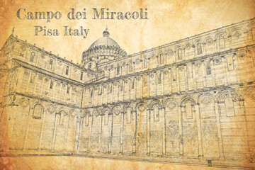 Canvas Print - Ancient cathedral in Pisa, Italy, sketch on old paper