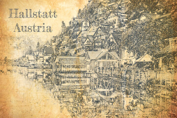 Wall Mural - Sketch of Hallstatt on the lake in Austria