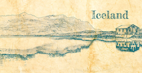 Wall Mural - One house on river bank, Iceland, sketch on old paper